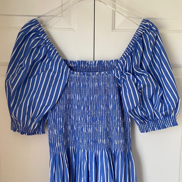 Madewell Smocked Puff Sleeve Midi Dress Womens XS Blue Striped Poplin Coastal - Picture 6 of 8